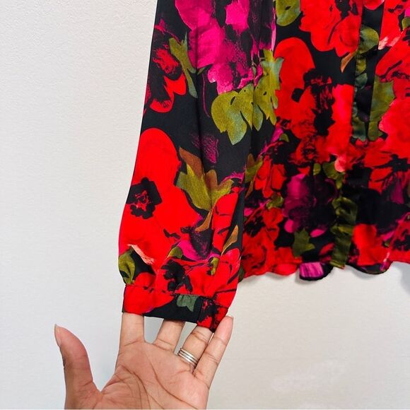 90s Red Black Floral Blouse - Oversized Poppy Print - Dark Winter Floral - M - Picture 7 of 9